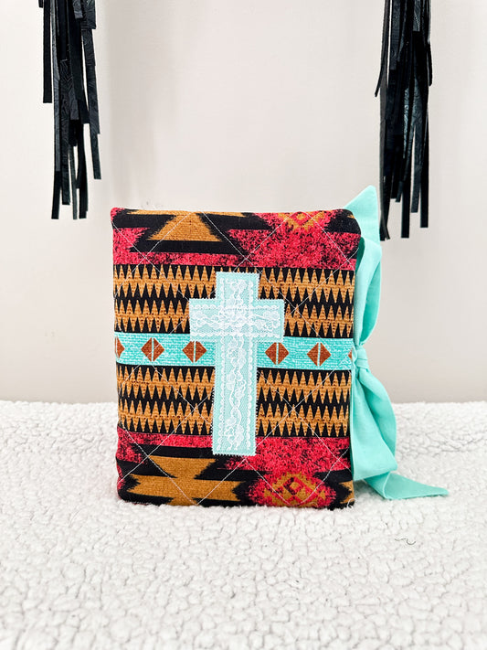 The Savannah Bible Cover | Western Aztec Print | Turquoise Accent | Faux Leather Pockets