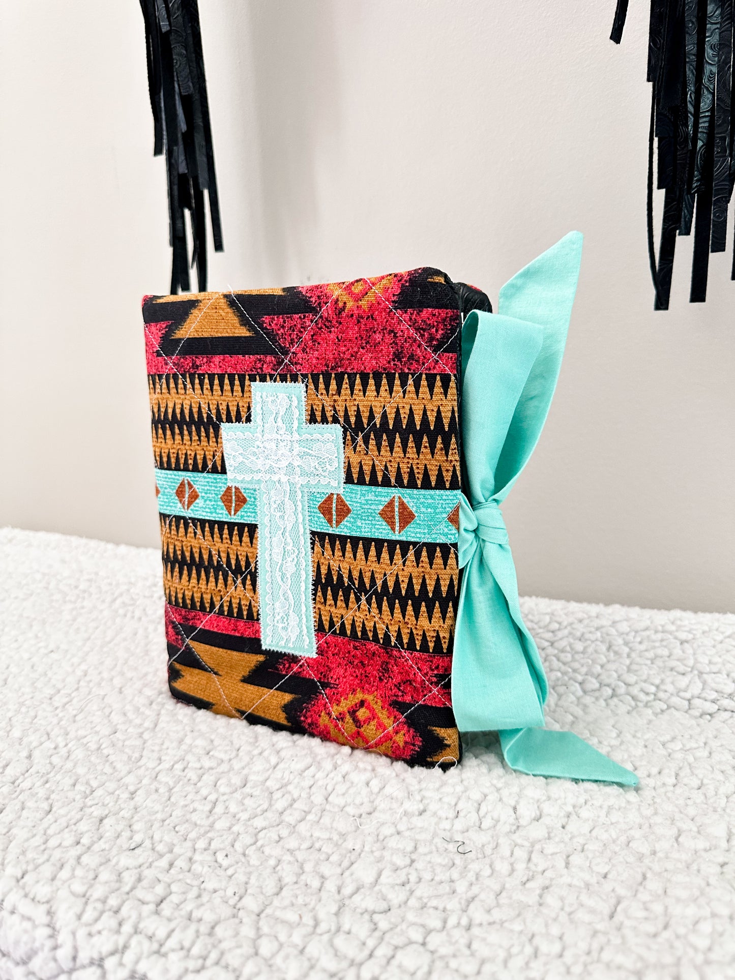 The Savannah Bible Cover | Western Aztec Print | Turquoise Accent | Faux Leather Pockets