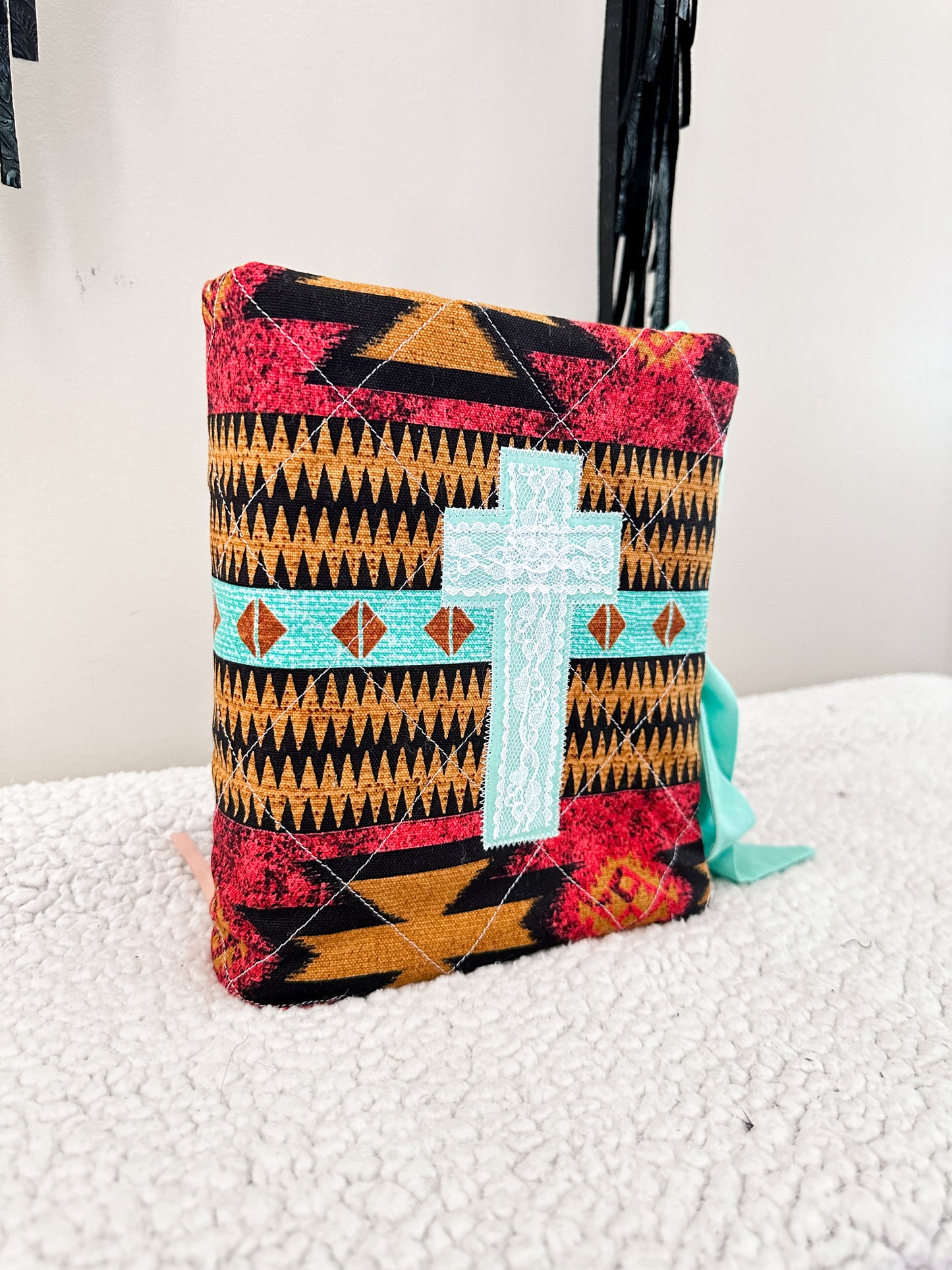 The Savannah Bible Cover | Western Aztec Print | Turquoise Accent | Faux Leather Pockets