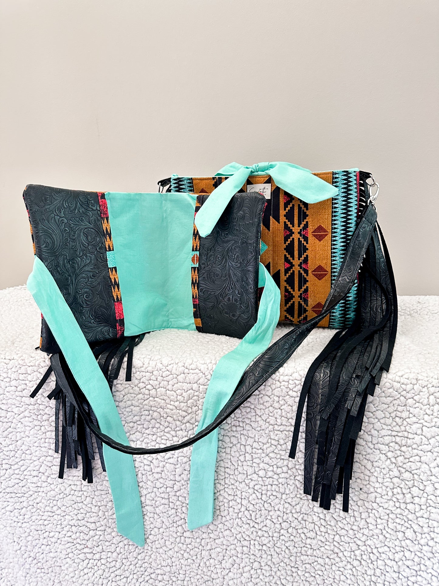 The Savannah Bible Cover & Church Bag Duo | Aztec Print & Turquoise | Faux Leather Accents