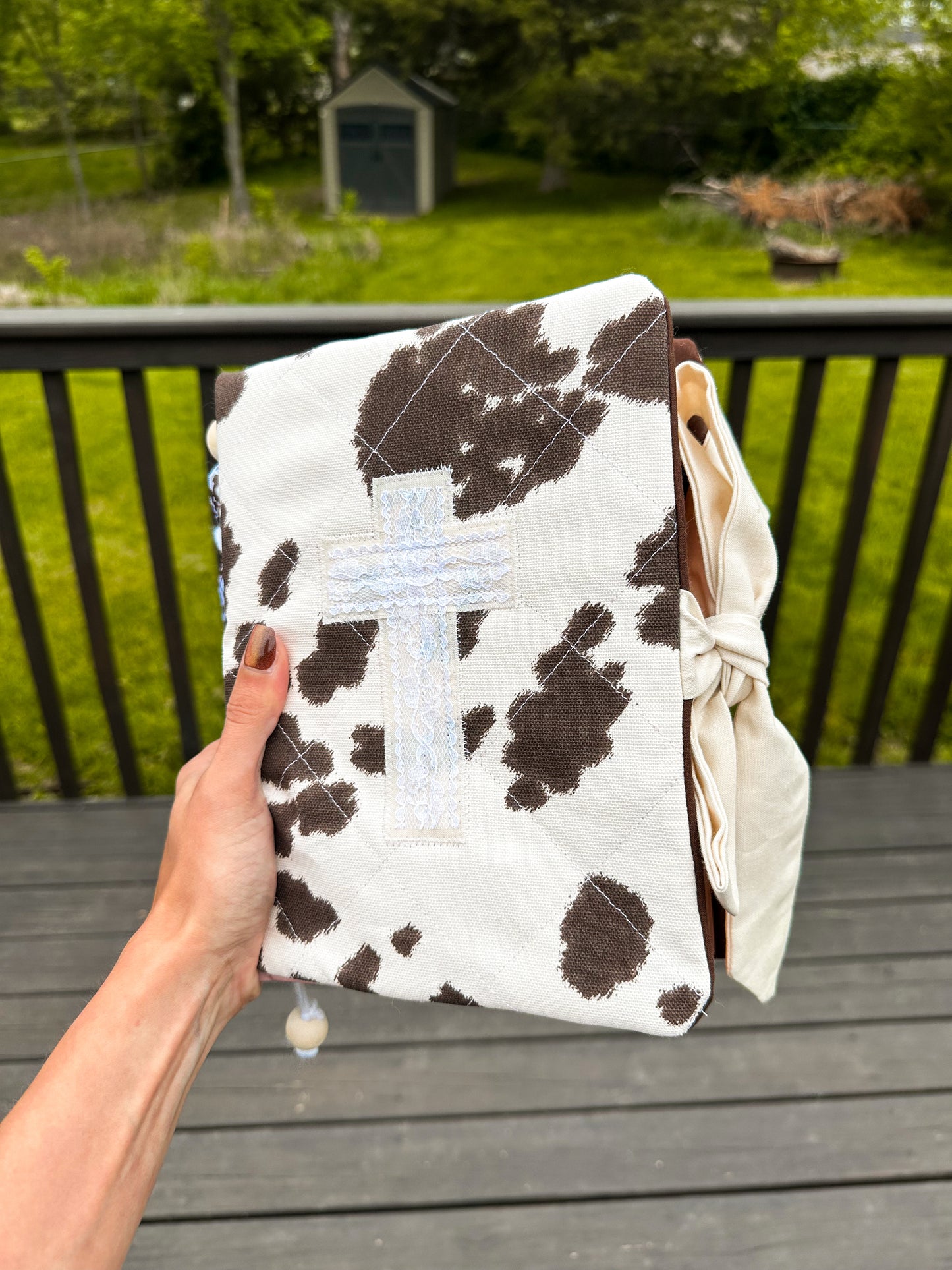 The Dianna Bible Cover | Western Cow Print | Brown Accent | Faux Leather Pockets