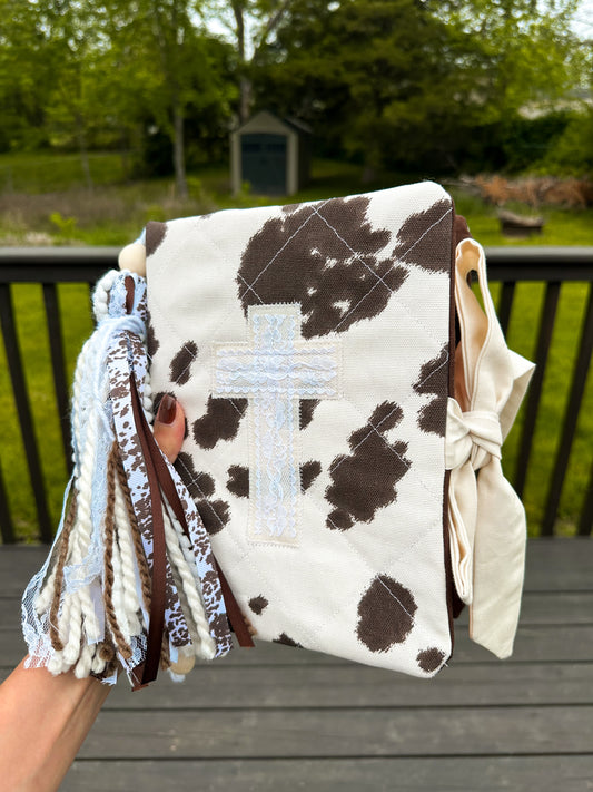 The Dianna Bible Cover | Western Cow Print | Brown Accent | Faux Leather Pockets