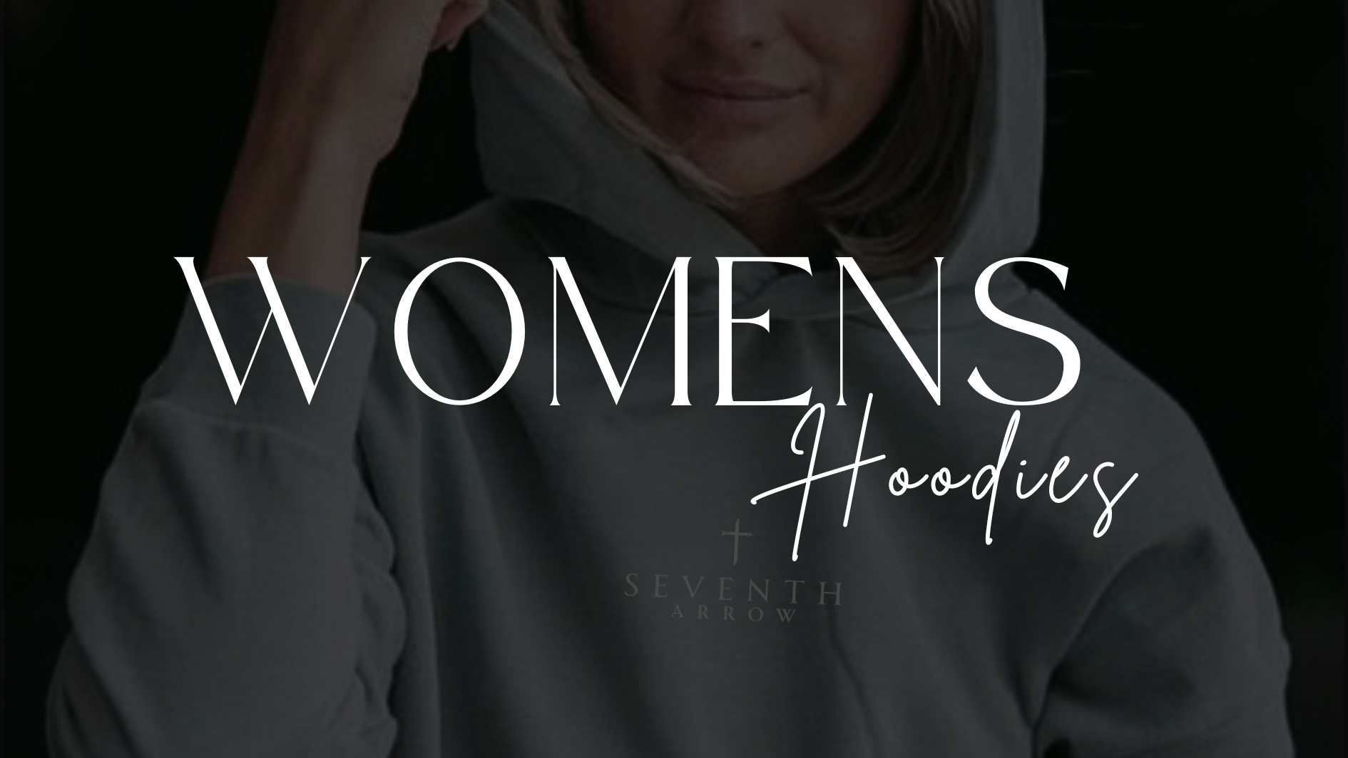 Woman wearing a hoodie with 'WOMENS Hoodies' text overlay on a dark background